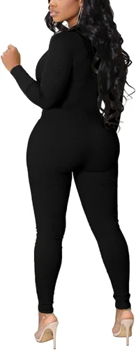 Vista 2 de Enterizo sexy acanalado ajustado para mujer, manga larga, con cremallera, cuello alto, pantalones ajustados de una pieza, traje de club