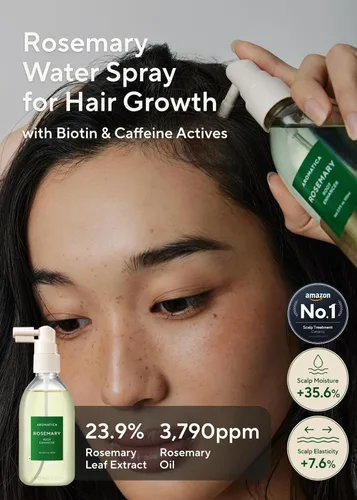 Vista 2 de AROMATICA Potenciador de raíz de romero 3.4 fl oz de peso neto 3.3 fl oz. Aceite para el cabello de romero y cafeína y biotina, cuidado coreano