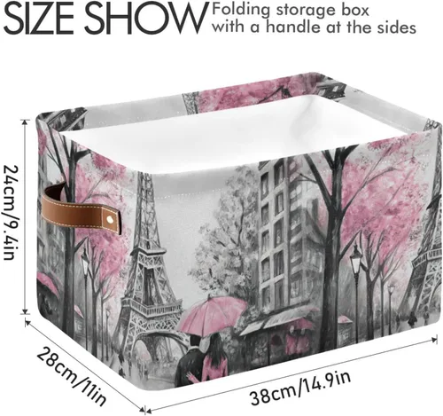 Vista 4 de Cesta de almacenamiento de torre de París rosa con asas, cestas de almacenamiento plegables para estantes, sala de estar, decoración del hogar, 1
