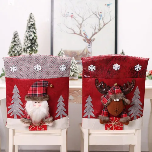 Vista 8 de Protector de cubierta trasera para silla de comedor de Papá Noel y renos navideños, adornos para decoración de interiores de Navidad, fiestas Muñeco