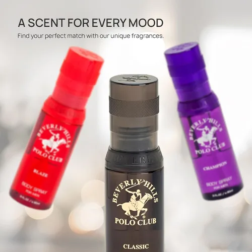 Vista 3 de Beverly Hills Polo Club Set de regalo de spray corporal de lujo para hombre, 3 aromas de colonia de diseñador de 3 x 3 onzas para una frescura