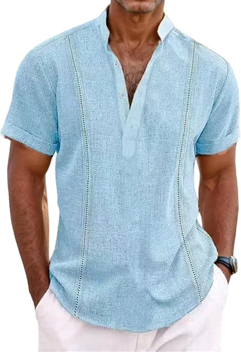 Vista 6 de Camisas de guayabera cubana para hombre, camisa casual de lino de manga corta, camisas mexicanas hawaianas con botones para playa y verano 2025