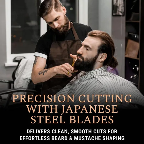 Vista 2 de Ontaki Tijeras para barba y bigote para hombre, acero japonés de 5.5 pulgadas, latón dorado, cuchillas afiladas, reposapiés ergonómico y tornillo