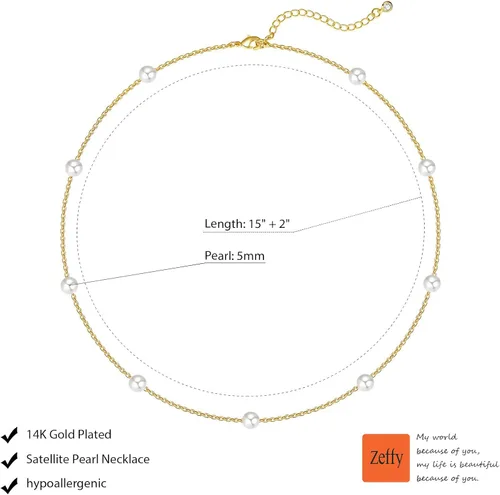 Vista 5 de Zeffy Collar de perlas de oro para mujer, delicado collar de gargantilla de perlas pequeñas chapado en oro de 18 quilates, collar de cadena