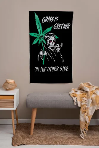 Vista 4 de Reefer Reaper - Tapiz vintage de marihuana de 3 x 5 pies, diseño retro de los años 90, diseño de esqueleto, grunge, hierba, hombre, cueva, stoner