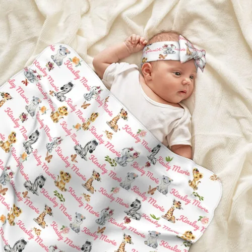 Vista 6 de Manta de Arrullo Personalizada para Bebé para Niños y Niñas - Manta con Nombre Personalizado con Animales