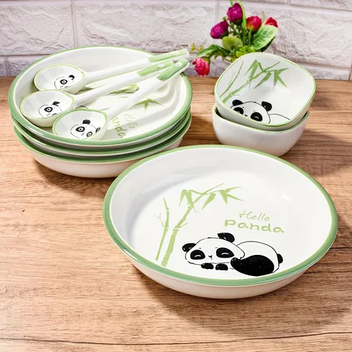 Vista 3 de Juego de 4 platos de cerámica para ensalada, platos decorativos con estampado de bambú de panda para sushi, postres, aperitivos, aptos