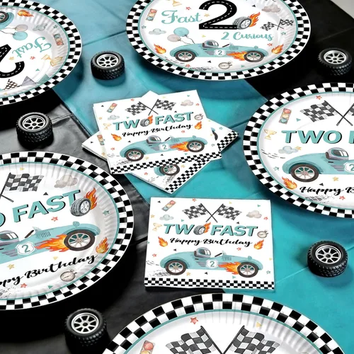 Vista 4 de Decoración de fiesta de 2º cumpleaños de coche de carreras para niños, dos platos y servilletas de papel desechable, dos rápidos, dos, curiosos, 2