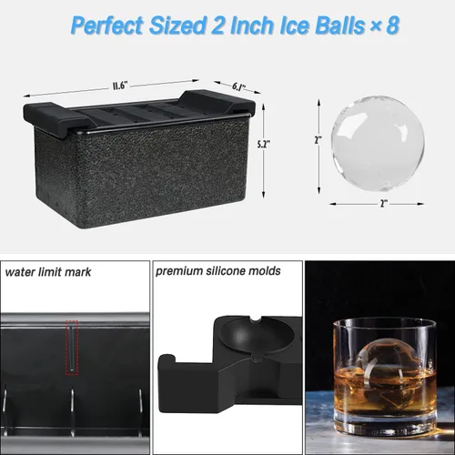 Vista 5 de TINANA – Molde para esferas de hielo de 2 pulgadas, transparente de cristal, prepara 8 bolas redondas grandes, para cócteles, whisky y bebidas
