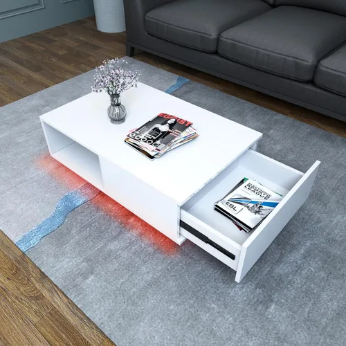 Vista 4 de Mesa de centro LED blanca para sala de estar con cajón y 16 luces de colores, mesa de centro moderna de alto brillo de 43.3 pulgadas con espacio