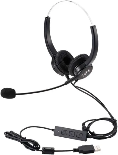 Vista 2 de Auriculares USB binaurales con cable para centro de llamadas manos libres con cancelación de ruido, con micrófono, cable con enchufe USB, control