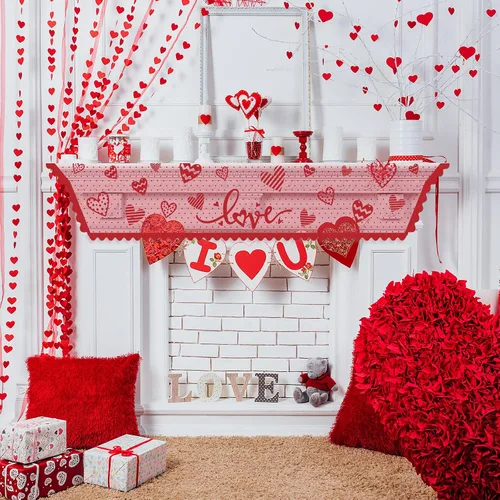 Vista 4 de Tatuo Bufanda para el día de San Valentín, mantel de encaje con corazón rojo para el día de San Valentín, boda, aniversario, sala de estar
