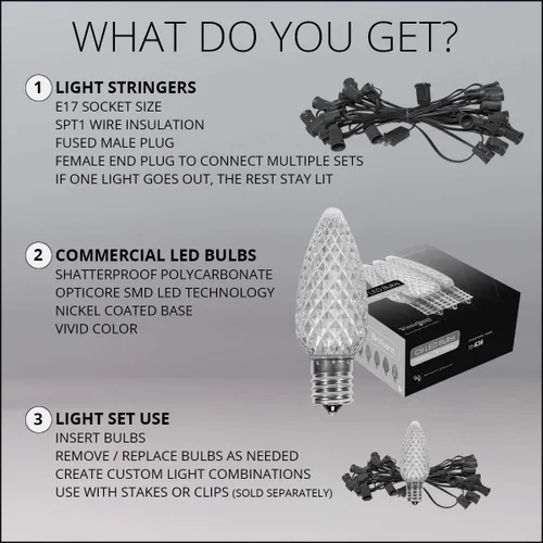 Vista 5 de Wintergreen Lighting 25 C9 OptiCore - Luces LED de Navidad para exteriores de alta resistencia, tira de luces de Navidad comerciales; cable verde
