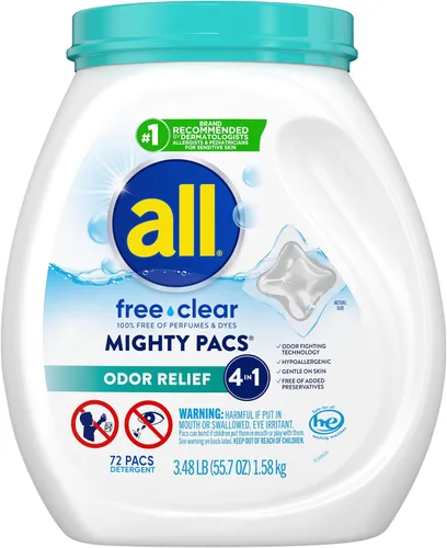 Vista 10 de All Mighty Pacs Detergente para Ropa Libre y Transparente Alivio de Olores, Envase, 56
