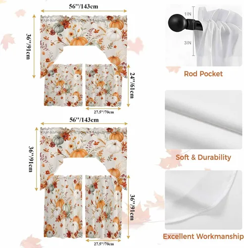 Vista 8 de Thanksgiving Fall Swag Kitchen Curtain Sets with Valance, Orange White Pumpkins 3 Pieces Curtain Drapes Rod Pocket for Bedroom Living Room Bathroom