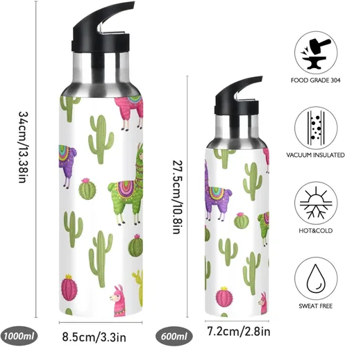 Vista 2 de Insulated Stainless Steel Water Bottle with Straw 20 Oz, Leakproof Water Bottles for Gym Outdoor Travel School, Colorful Llamas Cactus Cute