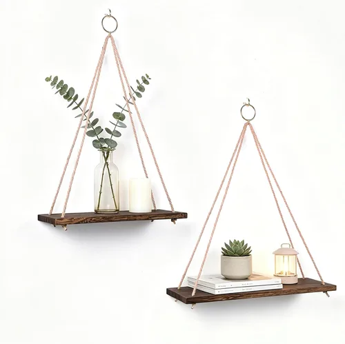 Vista 11 de Juego de 2 estantes colgantes de pared, estilo bohemio, triangular, acabado de madera, montaje en pared, 2 estantes, sala de estar, dormitorio