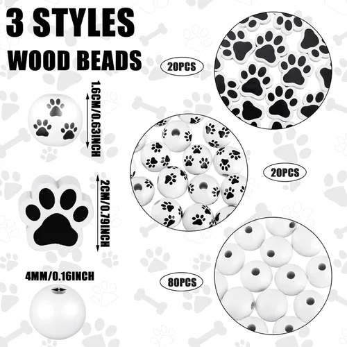 Vista 3 de 120 cuentas de madera de pata, cuentas de huella de perro, cuentas de madera de pata de cachorro, cuentas de madera en blanco y negro, lindas