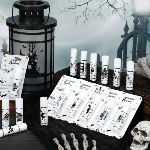 Vista 2 de 30 unidades de recuerdos de fiesta de Halloween, bálsamos labiales de calavera a granel, regalos vintage espeluznantes para fiestas de Halloween