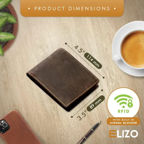 Vista 2 de ELIZO Cartera de cuero para hombre, whisky, Top Flip Bifold