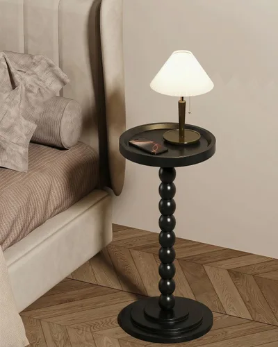 Vista 4 de Mesa auxiliar redonda de madera y mesa para bebidas, diseño moderno resistente y funcional de mediados de siglo con base de madera maciza para sala