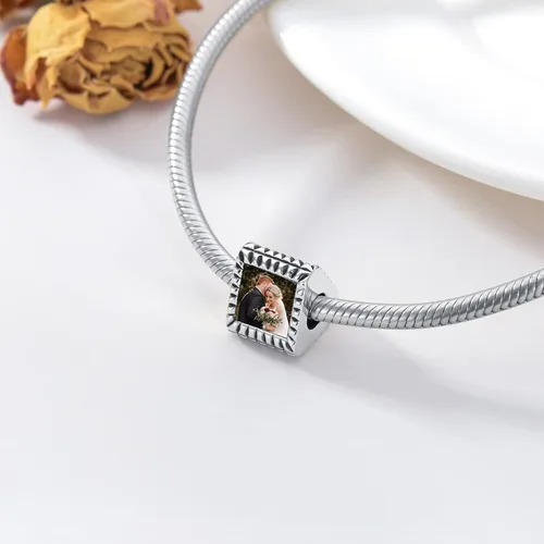 Vista 5 de PEIMKO Personalized 35 Side Photo Charm Bead That Hold 35 Picture Fit Snake Bracelet Sterling Silver Custom Photo Charm Bead Customized Picture