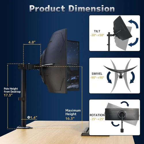 Vista 6 de Brazo de monitor único para pantallas de hasta 49 pulgadas, soporte de montaje para monitor ultra ancho, perfil bajo