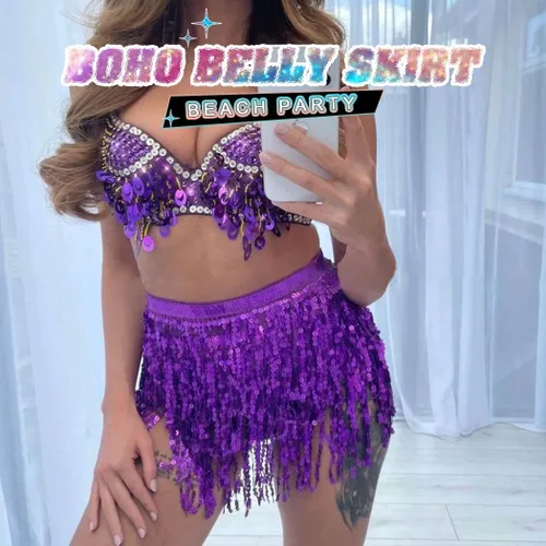 Vista 5 de REETAN Falda Boho para danza del vientre con lentejuelas, mascada de cadera con flecos y borlas falda para fiestas, bailes,actuaciones y disfraces