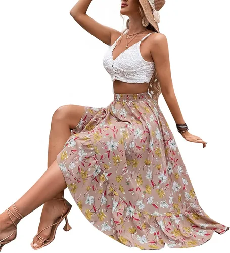 Vista 2 de katiewens Falda larga con estampado de leopardo para mujer falda larga elástica con dobladillo floral y volantes