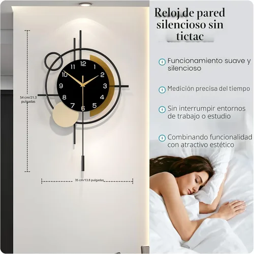 Vista 4 de Reloj de pared para decoración de sala de estar, reloj de pared decorativo con péndulo de cuarzo silencioso, funciona con pilas, reloj grande