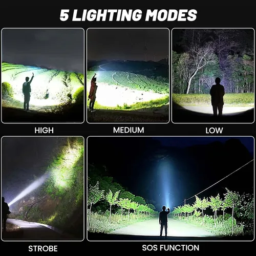 Vista 6 de Linternas recargables de 99,000 lúmenes, linterna LED súper brillante, altos lúmenes con cable USB, 5 modos, linterna impermeable, potente luz