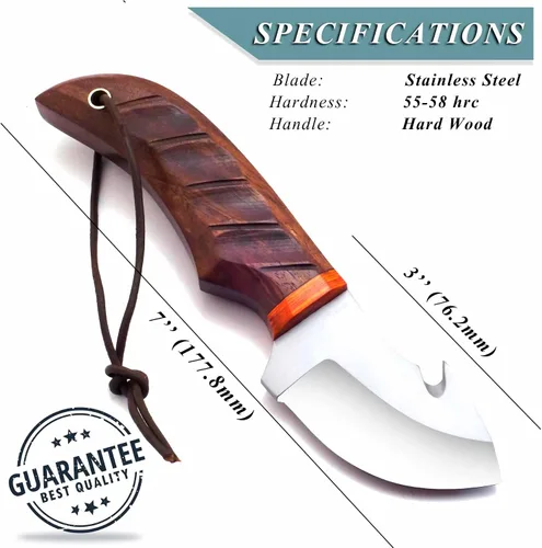 Vista 2 de AR - Cuchillo desollador hecho a mano de 7 pulgadas con gancho intestinal, cuchillo de caza de alta calidad, cuchillos hechos a mano