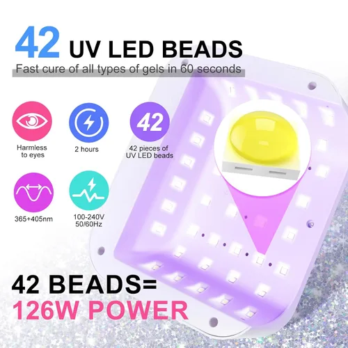 Vista 4 de Lámpara LED de uñas, luz de uñas de gel de 126 W, lámpara profesional recargable, 42 cuentas LED UV duraderas, sensor automático, secado rápido