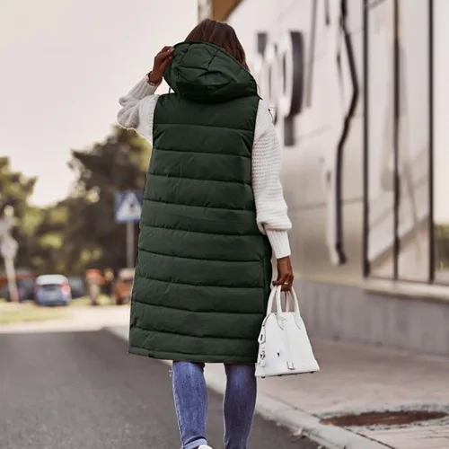 Vista 5 de Long Hooded Puffer Vest For Women Plus Size Zipper Down Jacket Coat Casual Fashion Winter Cotton Padded Long Waistcoat