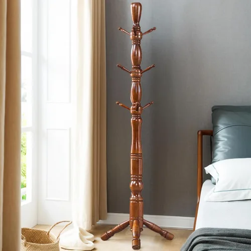 Vista 3 de Perchero de madera para pasillo, árbol de base triangular estable con 3 opciones de altura y 9 ganchos, perchero vintage independiente para pasillo