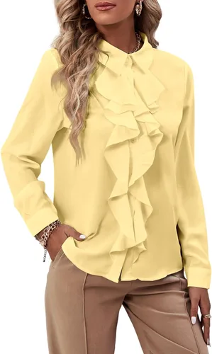 Vista 13 de LYANER - Blusa de manga larga con cuello de botón y volantes en la parte delantera para mujer