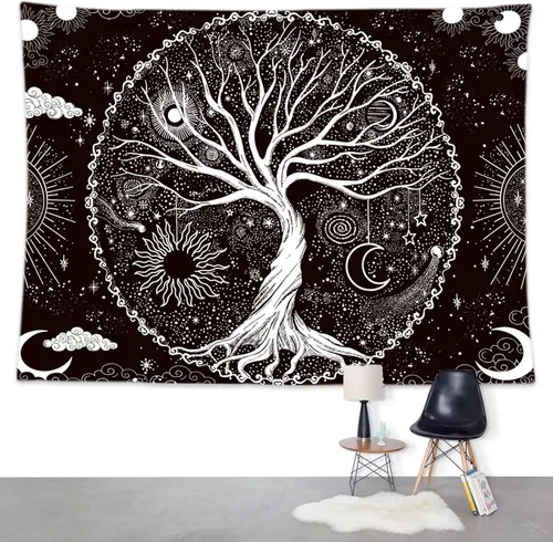 Vista 7 de Wonrizon Tapiz del árbol de la vida, tapiz espacial de galaxia en blanco y negro, decoración estética psicodélica para colgar en la pared para sala