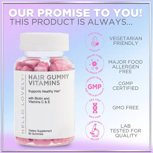 Vista 4 de Hello Lovely - Gomitas de vitaminas para el cabello con biotina, 5000 mcg de vitaminas E y C que apoyan el crecimiento del cabello, vegetariano