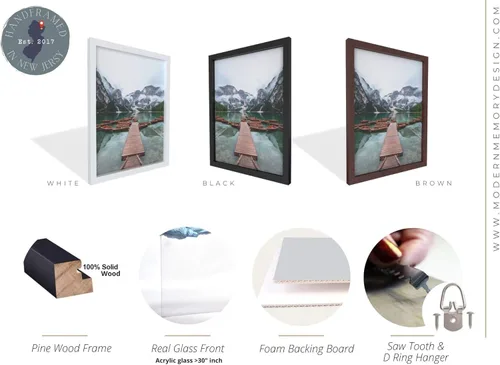 Vista 6 de 41x30 Black Picture Frames - Ready to Hang Solid Pine Wood Poster Frame - Photo Frame Polished Glass Front Clear Plexiglass Display Photograph