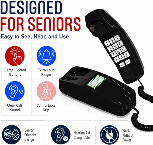 Vista 2 de iSoHo - Teléfono con cable de botón grande para personas mayores, teléfono fijo fácil de usar con teclado iluminado, auricular ergonómico y sin Negro