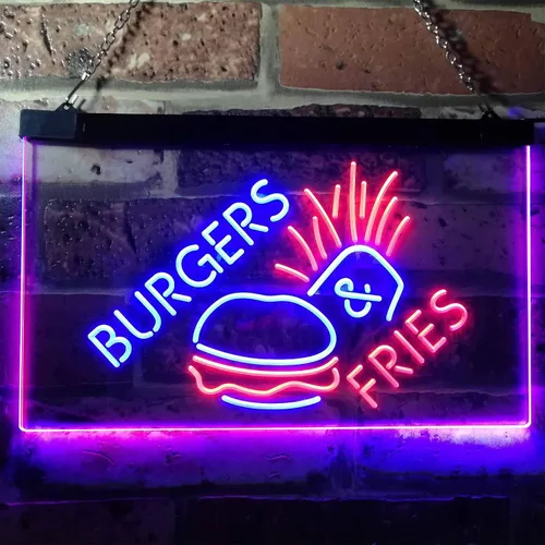 Vista 2 de ADVPRO Burgers & Fries Fast Food Open Shop - Letrero de neón LED de doble color, azul y rojo, 16 x 12 pulgadas, st6s43-i3192-br