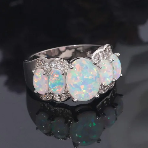 Vista 2 de CiNily - Anillo chapado en rodio con ópalo de fuego blanco para mujer, talla 5 12