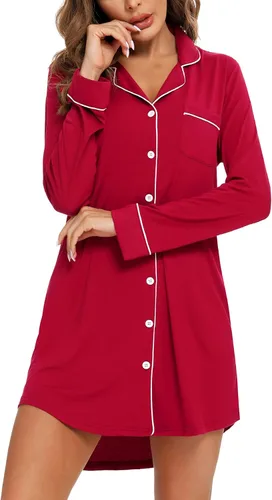 Vista 158 de Samring Camisón de pijama para mujer, manga corta/larga, con botones, camisón para dormir, camisón para novio, talla XXL