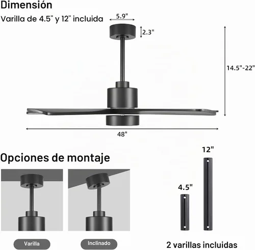 Vista 3 de WINGBO Ventilador de techo CC de 48 pulgadas con luces y control remoto, 5 cuchillas de madera maciza tallada, motor CC reversible de 6 velocidades