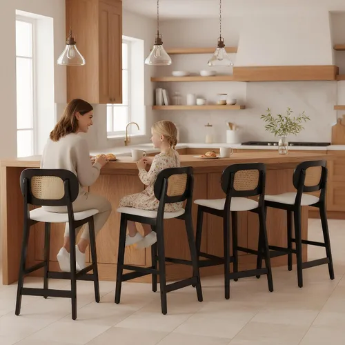 Vista 4 de ROCITY - Juego de 2 taburetes de ratán negro, taburetes de bar de madera de granja, taburetes de bar tapizados, sillas de isla de cocina