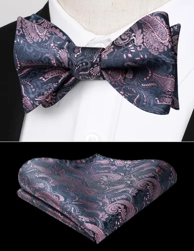 Vista 135 de HISDERN Pajaritas para hombre, corbatín de cachemira para hombre, corbata de lazo y bolsillo cuadrado, juego formal de esmoquin para boda