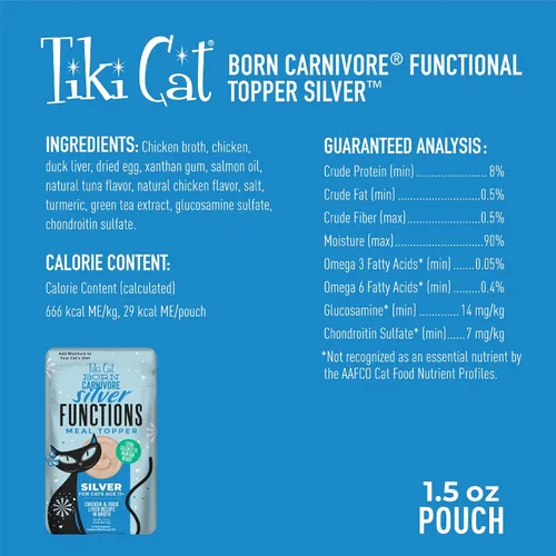 Vista 4 de Tiki Cat Born Carnivore Silver - Decoración de comida húmeda funcional para gatos mayores, bolsa de 1.5 onzas (12 unidades) Decoración funcional