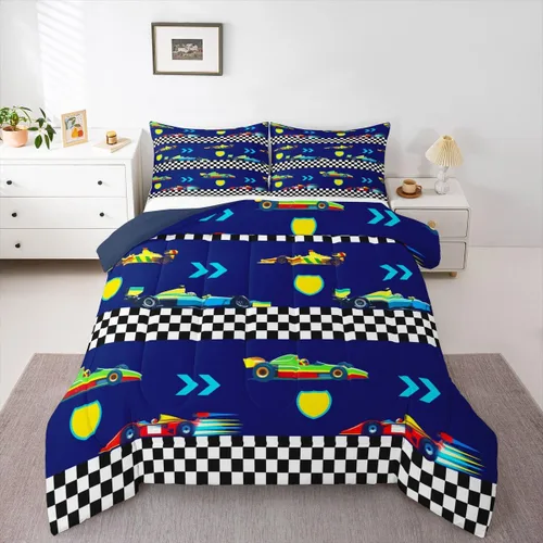 Vista 14 de Feelyou Juego de edredón de coche de carreras, tamaño individual, juego de ropa de cama de coche deportivo de velocidad para niños y niñas, edredón