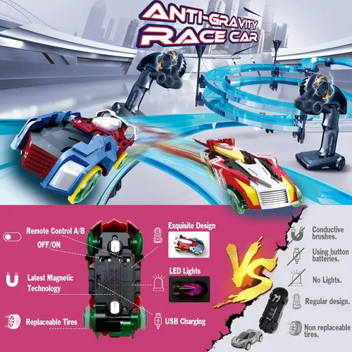 Vista 3 de Juegos de pistas de carreras de coches de ranura eléctrico a control remoto para niños, juego de carreras eléctrico recargable con controladores