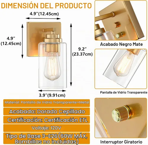 Vista 3 de Pia Ricco Juego de 2 apliques de pared, lámparas de pared para mesita de noche con interruptor giratorio para dormitorio, accesorios de iluminación